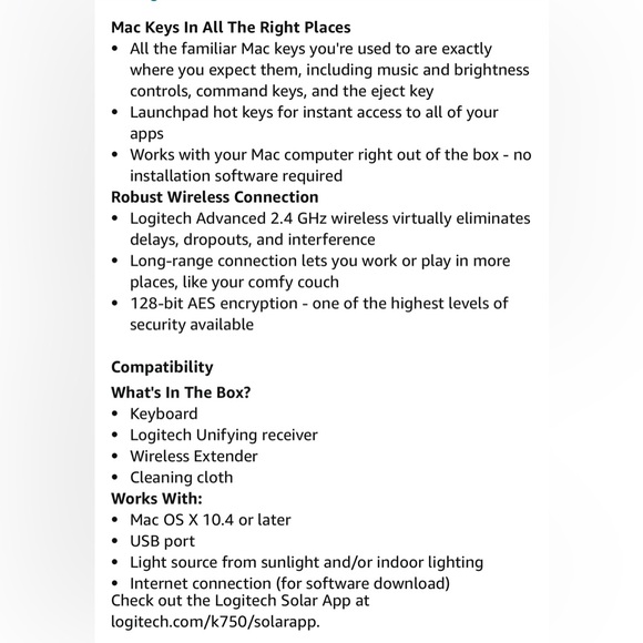 **NIB - Logitech Wireless Solar Keyboard For Mac
K750 -2.4 GHz Silver •Unused! - Picture 11 of 12